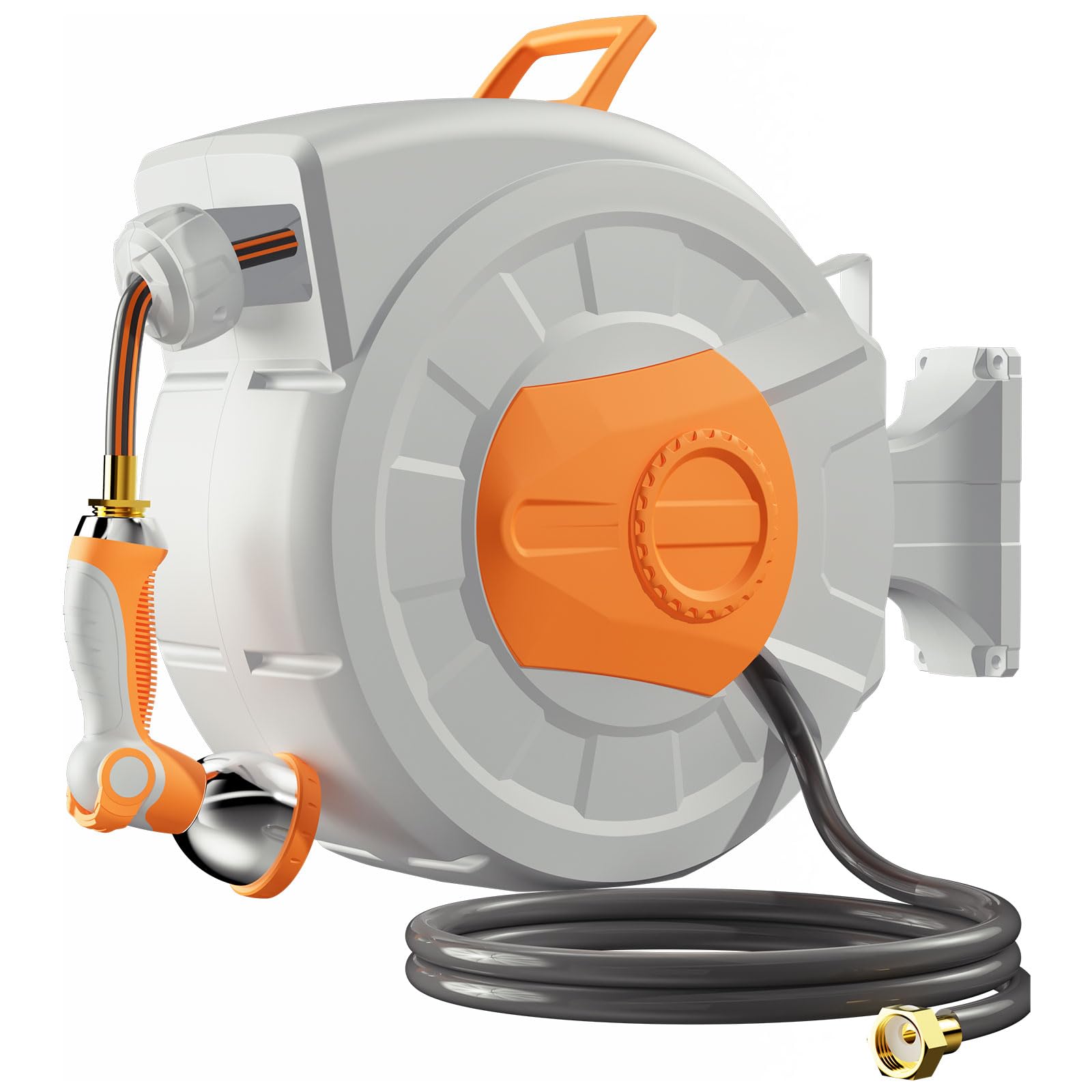 Wall-mounted retractable hose reel in use